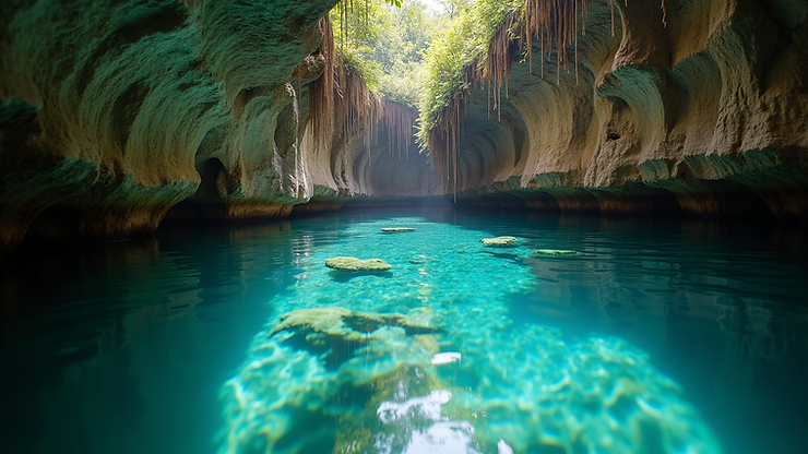 Eye-level view of the glistening waters in Cenote Dos Ojos surrounded by rock formations