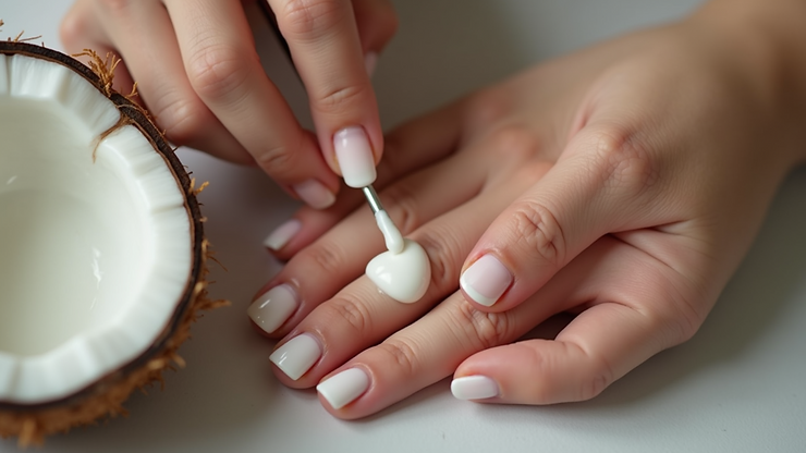 Close-up view of nails with the application of coconut oil as cuticle oil