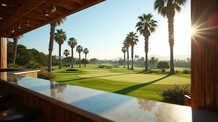 Eye-level view of a golf club bar overlooking a pristine golf course and palm trees.