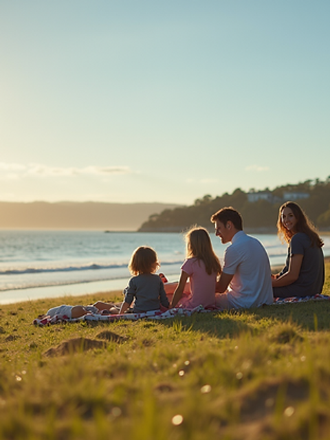 Wide angle view of a family enjoying a picnic on Hawksnest Bay