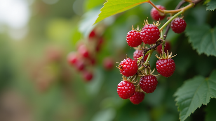 Close-up view of tayberries on a vine