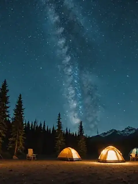 Wide angle view of a serene campsite under a starry Alaskan sky