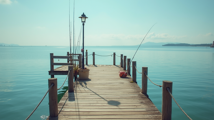 Eye-level view of Megas Gialos Pier with fishing gear