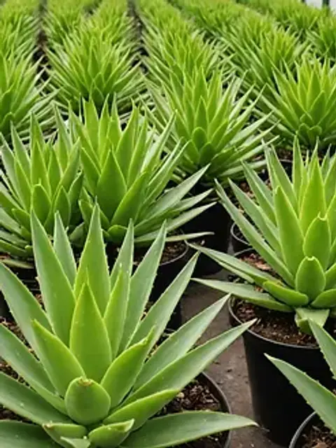 Close-up of Aloe vera plants in rows at the factory