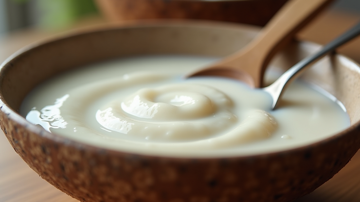 High angle view of a bowl of fermented coconut milk with a spoon