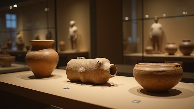 Eye-level view of exhibits showcasing ancient artifacts