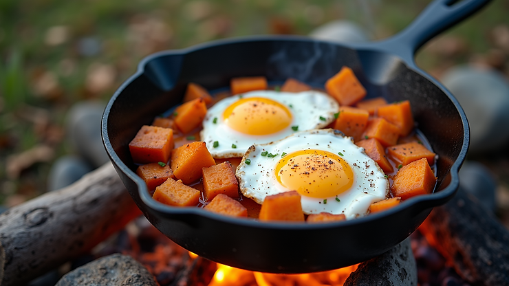 High angle view of sweet potato breakfast skillet with eggs on a campfire grill
