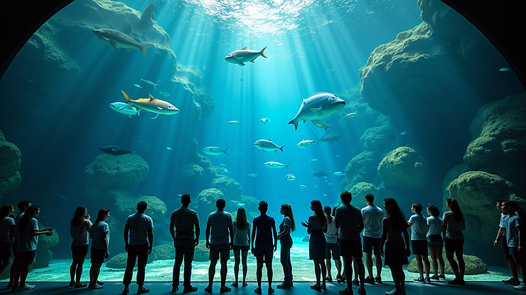 Wide angle view of a bustling aquarium full of diverse marine life