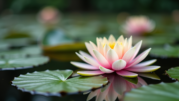 Close-up view of blooming lily pads gracefully floating on the lake's surface