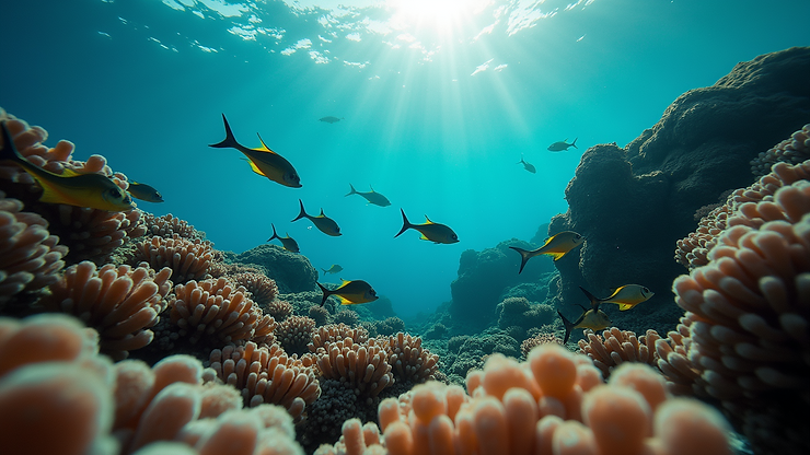Eye-level view of lively fishes around coral structures at Dos Bocas
