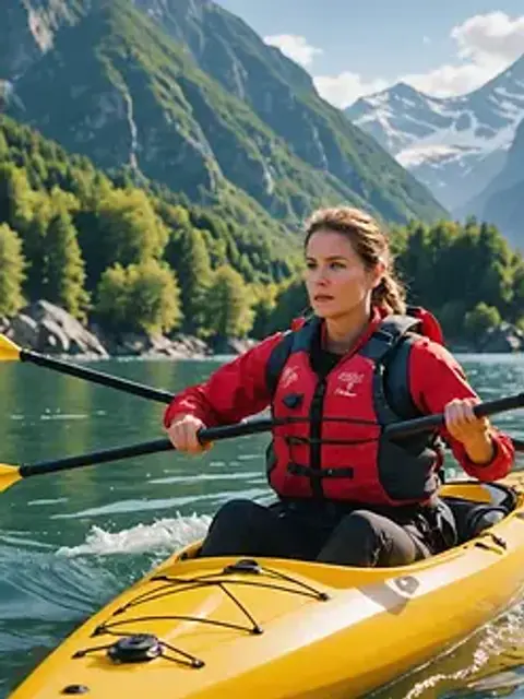 Close-up view of a vibrant kayak gliding through calm waters surrounded by mountains