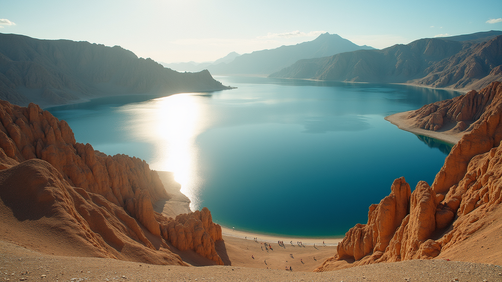 High angle view of Pyramid Lake's unique formations and shimmering waters, a captivating wedding site