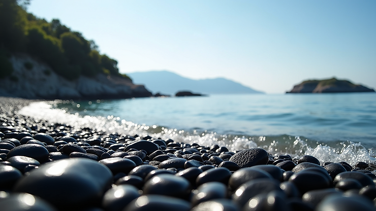 Wide angle view of the black pebbles and turquoise waters of Mavra Volia Beach