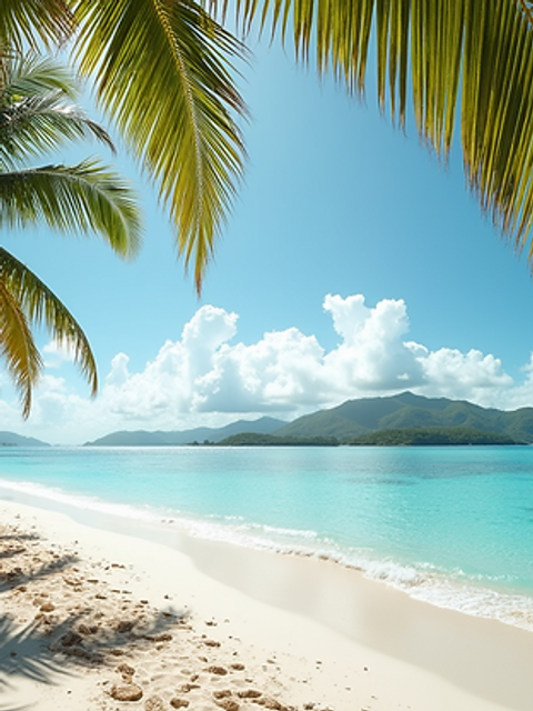 Wide angle view of the serene Cinnamon Bay with palm trees