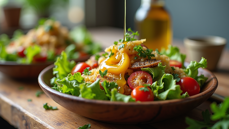 Eye-level view of colorful salads drizzled with vinegar