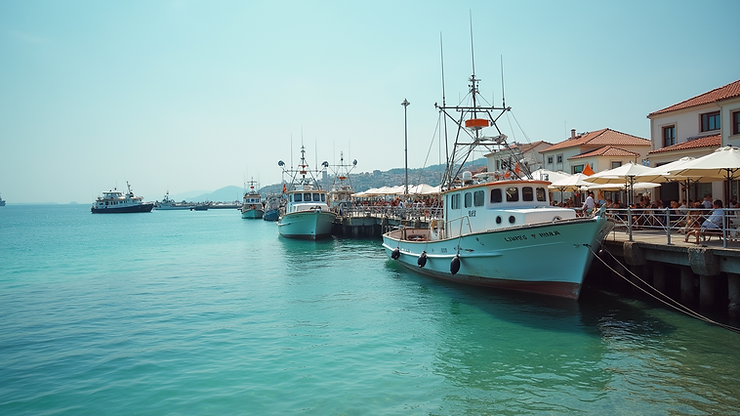 Close-up view of Skala Kalloni Pier with fishing boats
