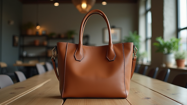 Eye-level view of a structured leather tote bag set on a table