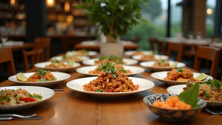 Wide angle view of a table setting filled with Thai dishes at Soul Food Mahanakorn