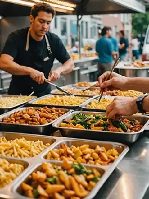 Eye-level view of delicious food being prepared at a local food truck
