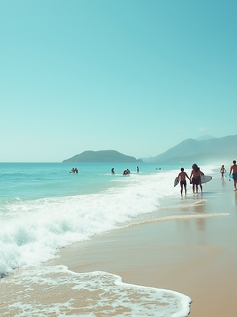 High angle view of Surin Beach with longboarders enjoying the surf