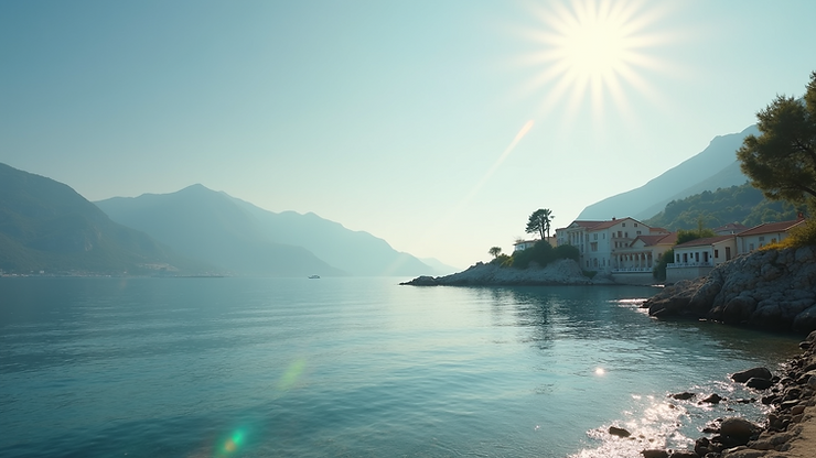 Wide-angle view of the calm waters and scenic Skala