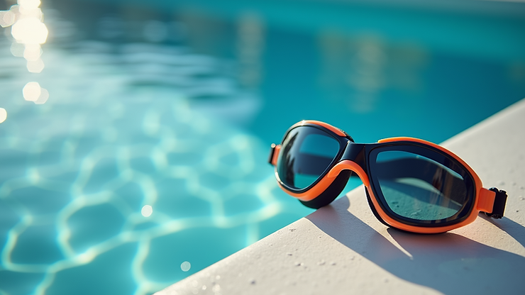 Close-up view of swim goggles resting on a ledge with clear water in the background