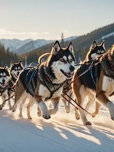 Close-up view of a dog sled team in motion across a snowy landscape