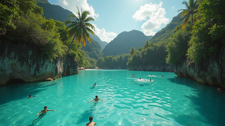 Wide angle view of Xel-Há’s natural lagoon filled with swimmers