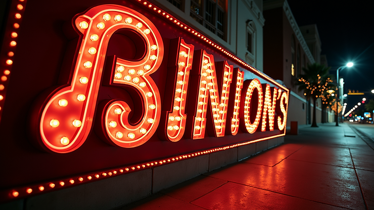 Eye-level view of the historic Binion's Gambling Hall sign lit up at night