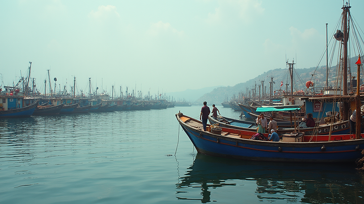 Eye-level view of Pigadia Harbor with fishing boats