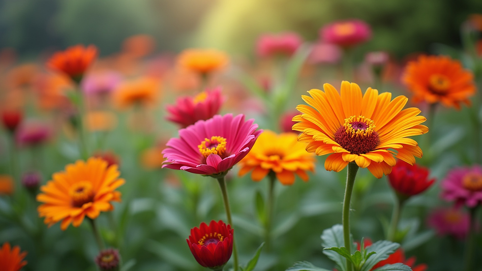 Wide angle view of a flower garden in the New York Botanical Garden
