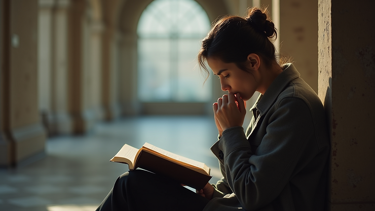 Close-up view of a thoughtful person reading a book in a quiet space