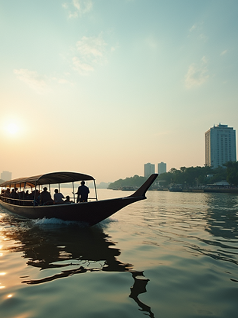 Wide angle view of a traditional long-tail boat cruising along the Chao Phraya River