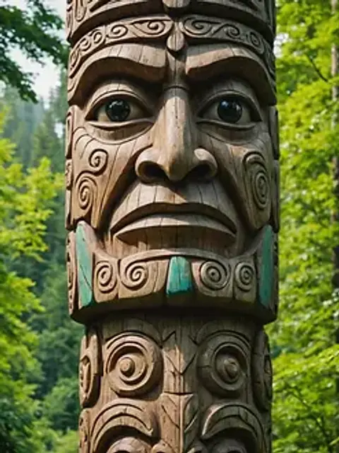Eye-level view of a traditional Native Alaskan totem pole surrounded by lush vegetation