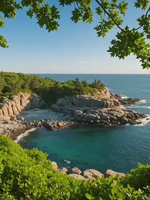 Wide angle view of the rocky coastline at Halibut Point Recreation Area, framed by lush greenery.
