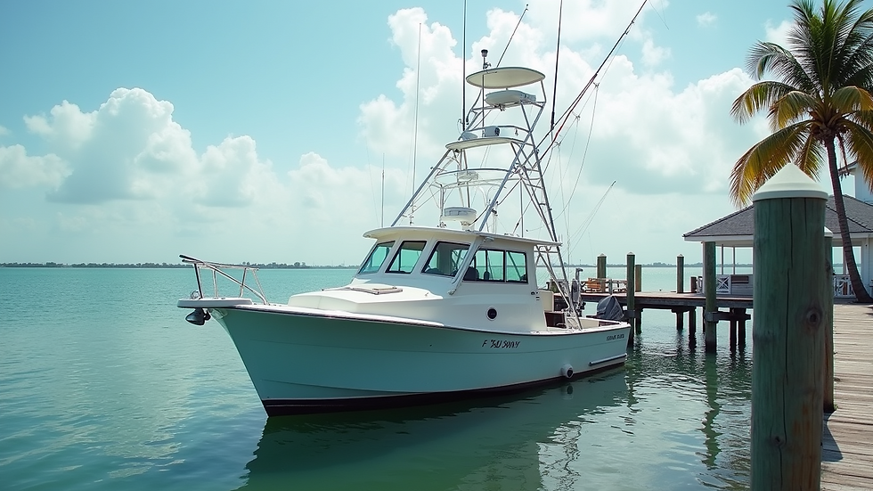Close-up view of a fishing boat docked at Duck Key