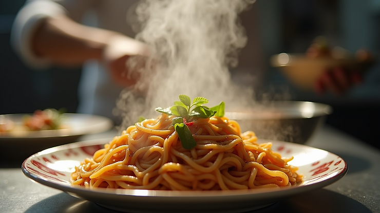 Eye-level view of a steaming plate of pad Thai prepared at Thipsamai