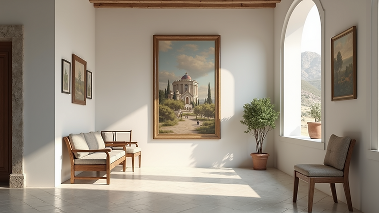 Eye-level view of Gaios Art gallery showcasing local paintings and art pieces