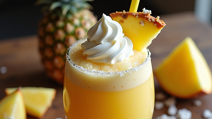 High angle view of a Piña Colada Float cocktail with ice cream