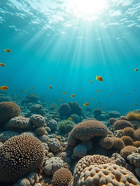 Wide angle view of coral reefs teeming with marine life