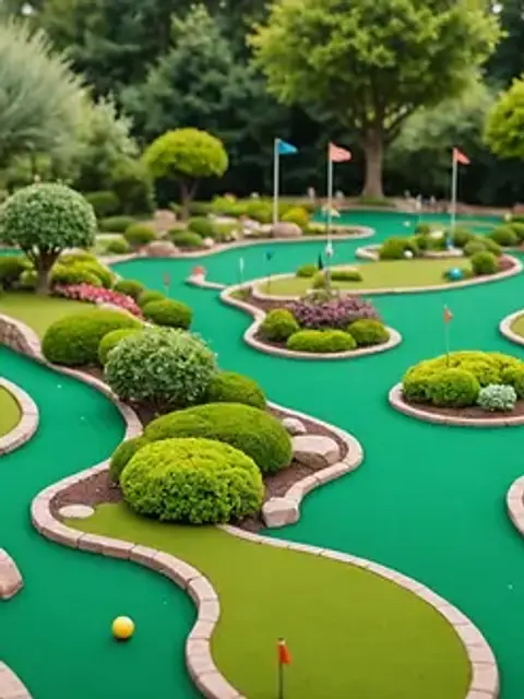Eye-level view of a whimsical miniature golf course surrounded by lush landscaping