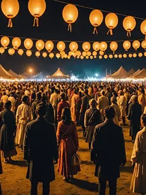 Wide angle view of a local festival celebrating ghost stories with participants in traditional attire