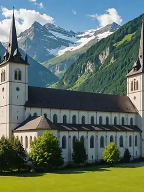 Eye-level view of the historical Engelberg Abbey