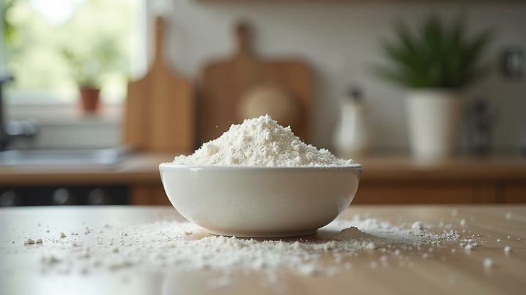 Eye-level view of a small bowl of baking powder on a kitchen counter