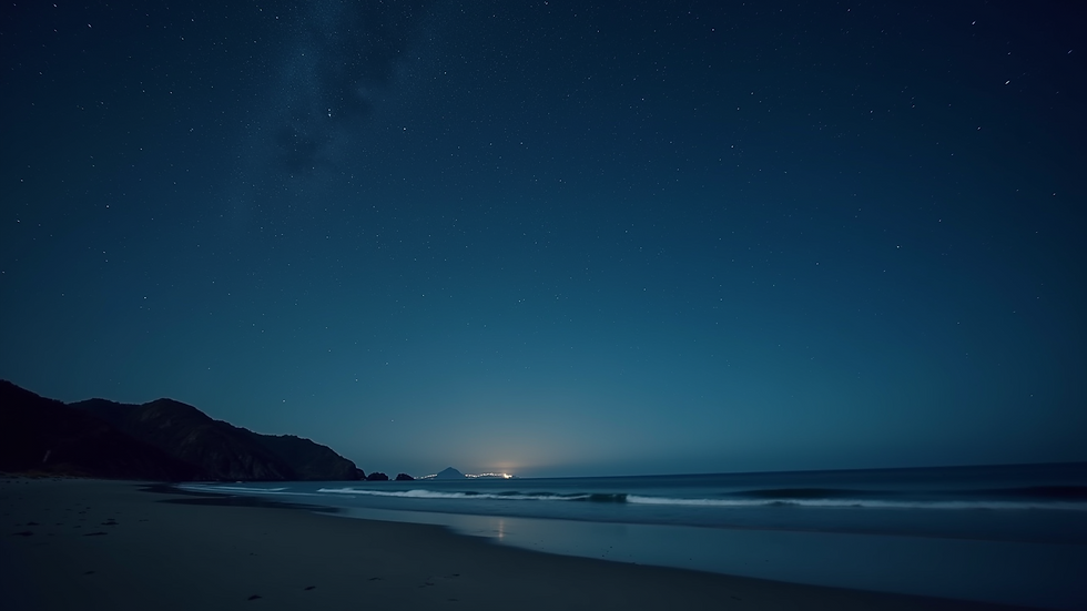 Wide angle view of a starry night sky over the beach