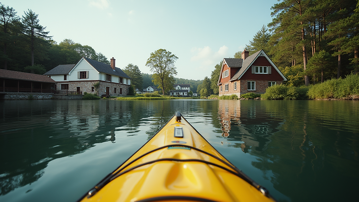 Eye-level view of Estate Whim showcasing historical buildings from a kayaker's perspective