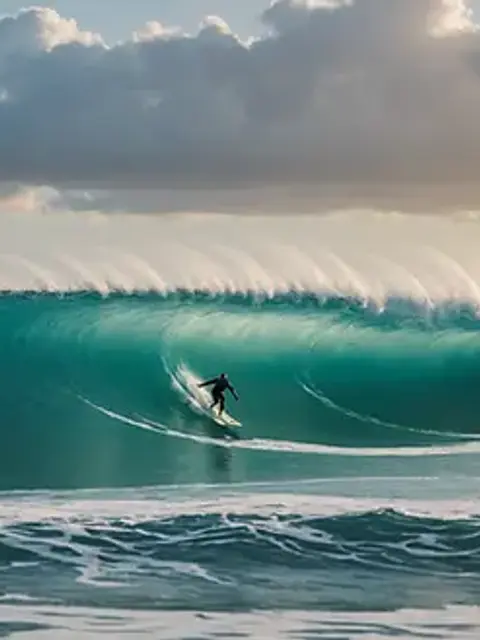 Eye-level view of surfers tackling waves at Tres Palmas