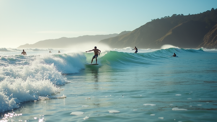 Eye-level view of surfers riding waves at Stinson Beach