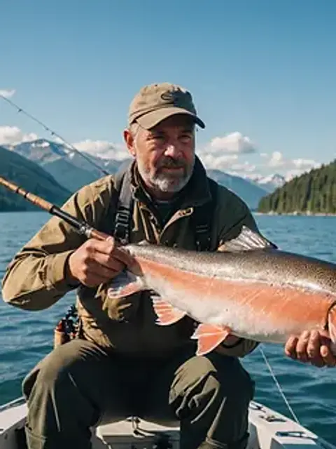 Close-up view of a fisherman reeling in a large salmon under a clear blue sky