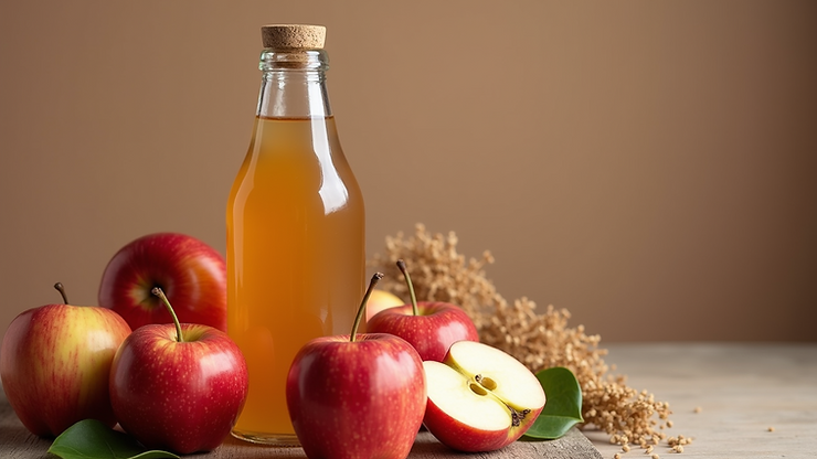 Close-up view of a bottle of apple cider vinegar with apples